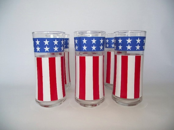 Vintage Patriotic Uncle Sam Hat Bicentennial Hiball Highball Drinking Glasses Set of 6 Day Red White & Blue
