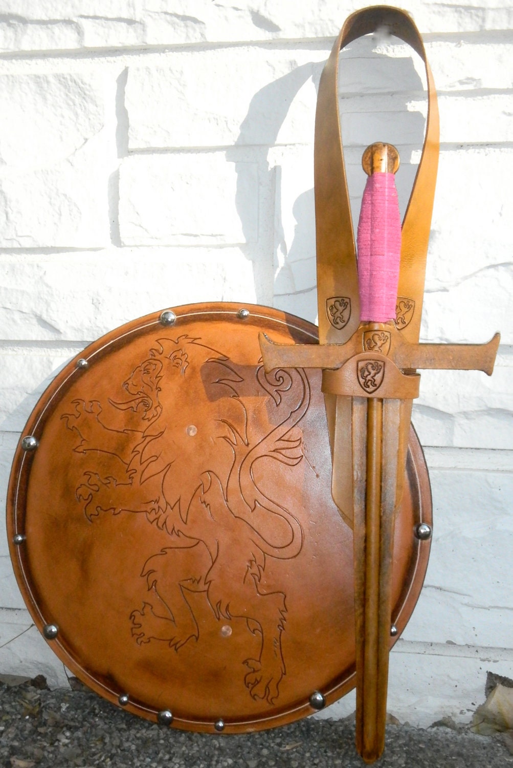 Handmade Leather Sword, Shield, & Holster Set w/ Lion Emblem