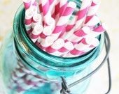 25 Pink/Fuchsia Striped Paper Straws/ Party Sraws/ Wedding Straws- Printable DIY Flags Included