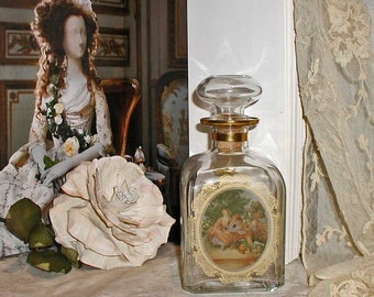 Glass Decanter With Romantic 18th Century Picture and Gold Filigree Flowers