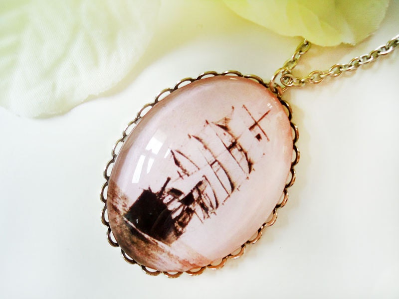Sailboat Cameo Pendant - Antique Rosewood Romantic Victorian - Soft Pale Pink