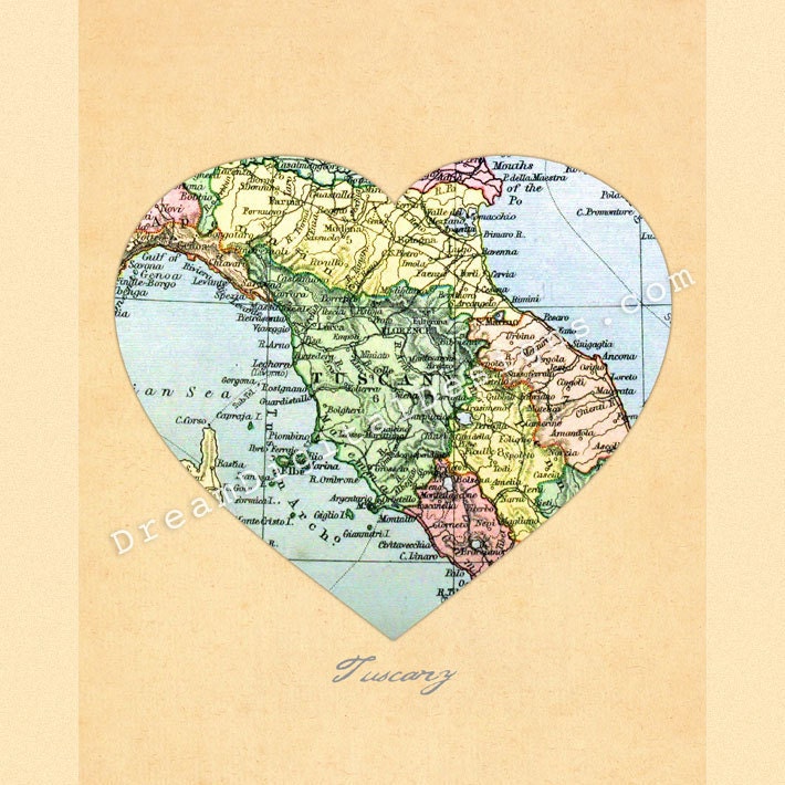 Tuscany Vintage Map Art PRINT 8 x 10 Map Heart Decor - Archival Print No.P228