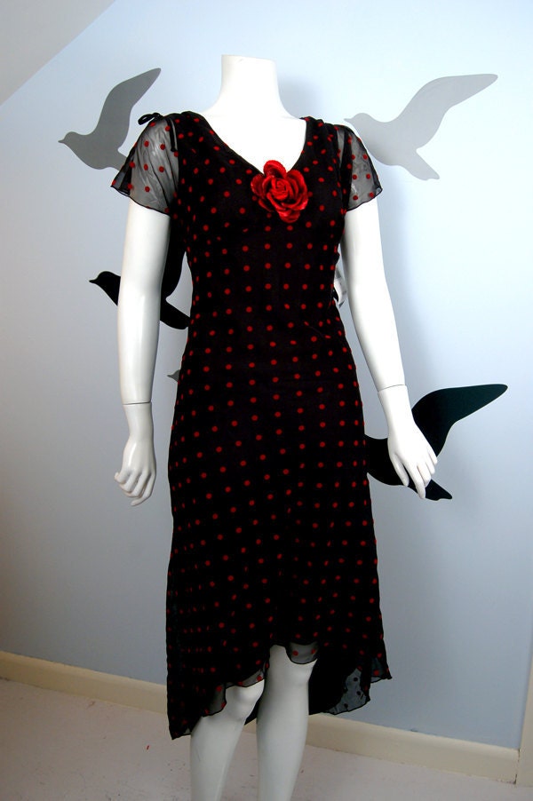 Vintage Black and Red Polka Dot Dress / Fishtail / High Low - NWT