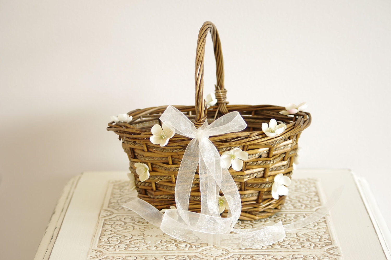 Flower Girl Basket with ivory flower details - Rustic and romantic