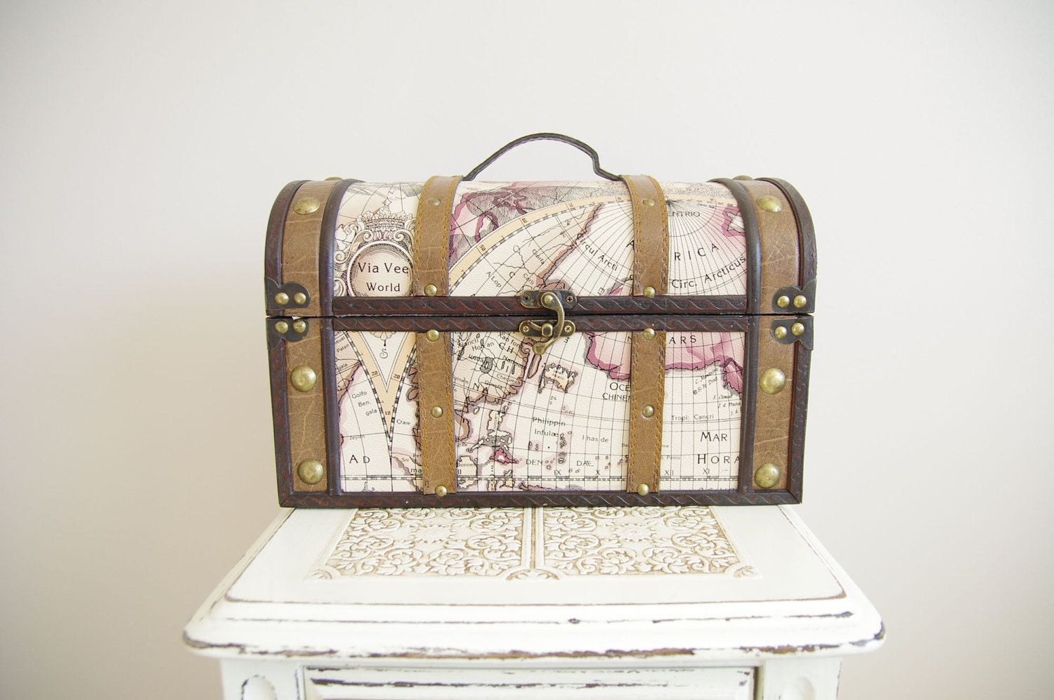 Large Trunk with Map - Wedding Card Box - Travel Themed, Vintage Style