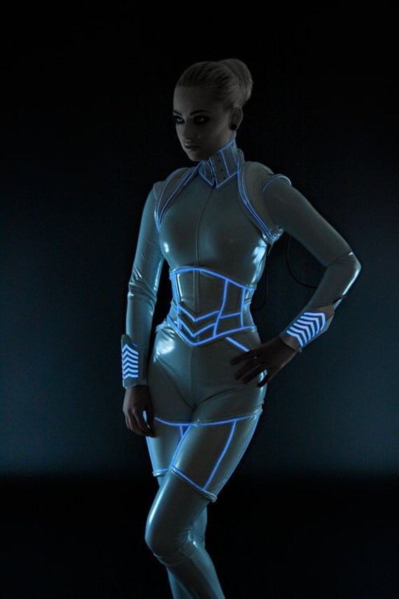 White PVC with luminescent icy blue glowing trim underbust corset from Artifice XS/S 21" for a 26-28" waist (production sample)