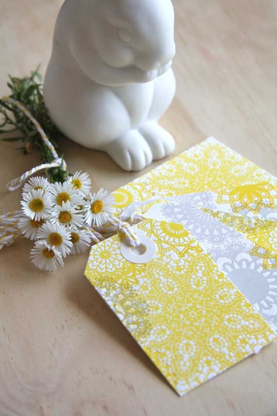 Letterpress Summer gift tags lemon sunny yellow and silver grey doily pack of 6