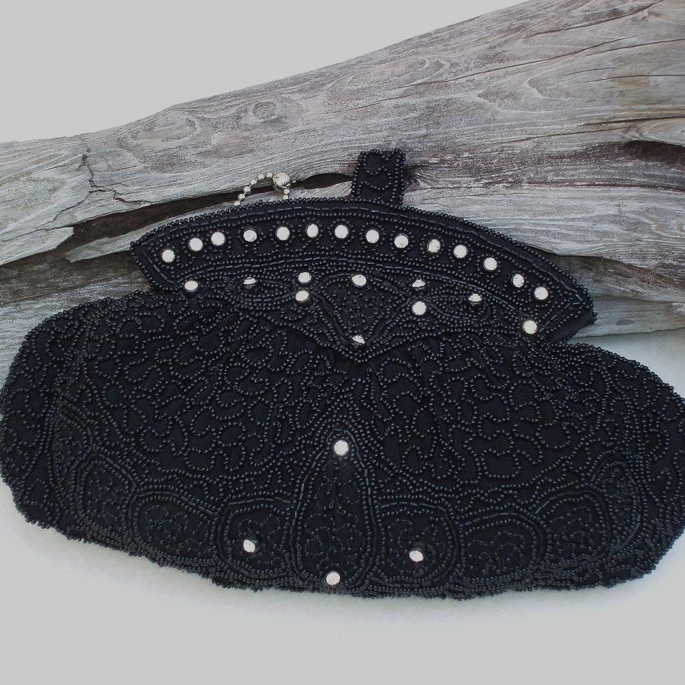 Rhinestone Evening Bag, Black Clutch Purse, Handmade Handbag / Wedding / Black Tie Affair