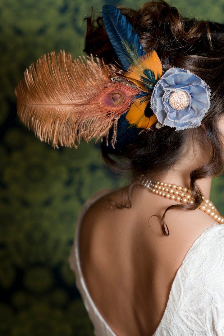 Apricot Amore Headpiece Prom Wedding Feather Fascinator Gatsby Flapper Millinery Apricot Blue 20s Comb