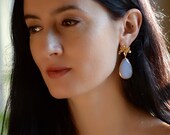CLEARANCE - Natural Blue Chalcedony earrings - 22k Gold Vermeil - Bezel set gemstone Earrings  - Post earrings - Something Blue -