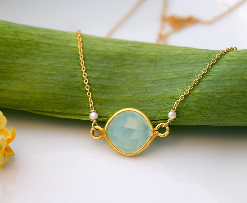 Faceted blue Chalcedony stone in 22k Gold Vermeil Necklace with Freshwater White Pearl