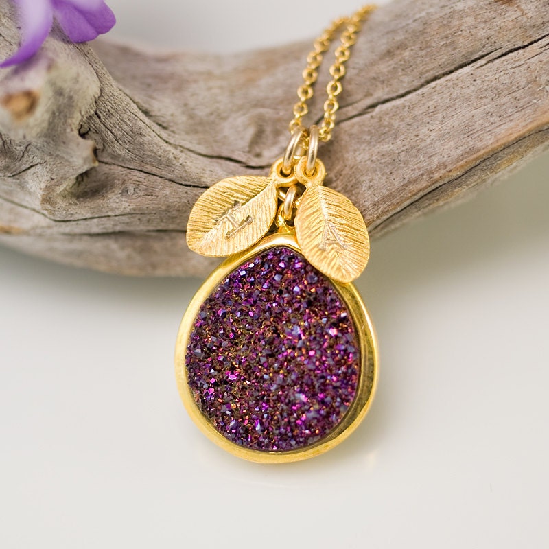 October Birthstone Jewelry- Pink Purple Titanium Druzy Necklace - Druzzy Personalized Necklace - Drusy Jewelry - Custom Stamp Initials