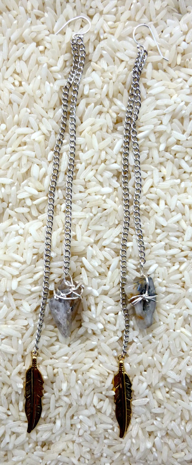 Rutilated Quartz Earrings with Metal Feathers