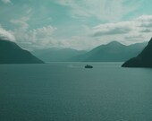 Peaceful fjord landscape, Norway photo, turquoise sky, calm sea, Hurtigruten ferryboat, Storfjord 8x10