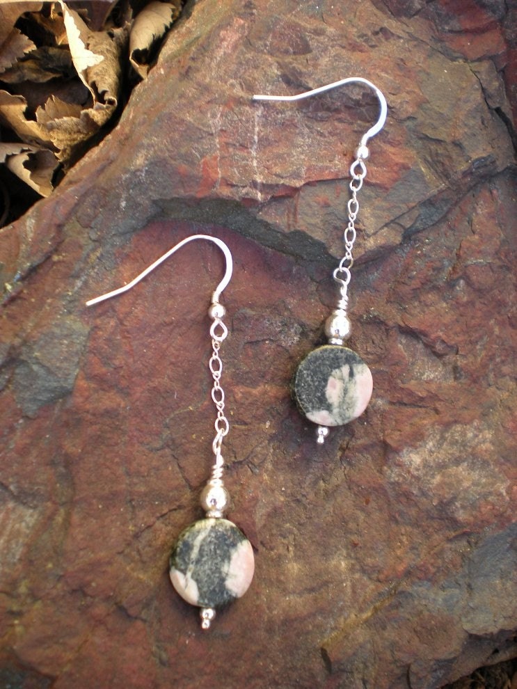 Modern Love Affair natural stone earrings, rhodonite and sterling silver, unique jewelry by Grey Girl Designs on Etsy