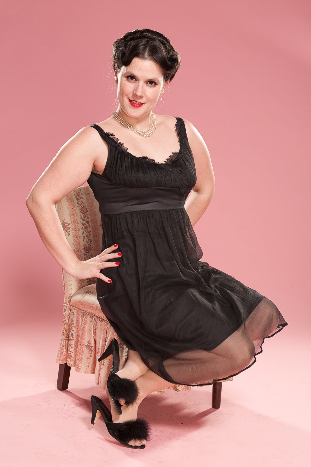 Vintage 1950s Black Nightie Shelf Bodice Lingerie Wedding Boudoir 1960s Large