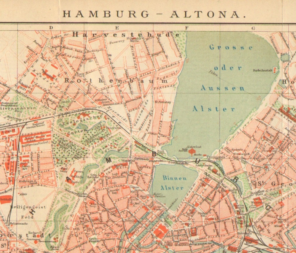 1895 Original Antique City Map of Altona and the German City State of Hamburg