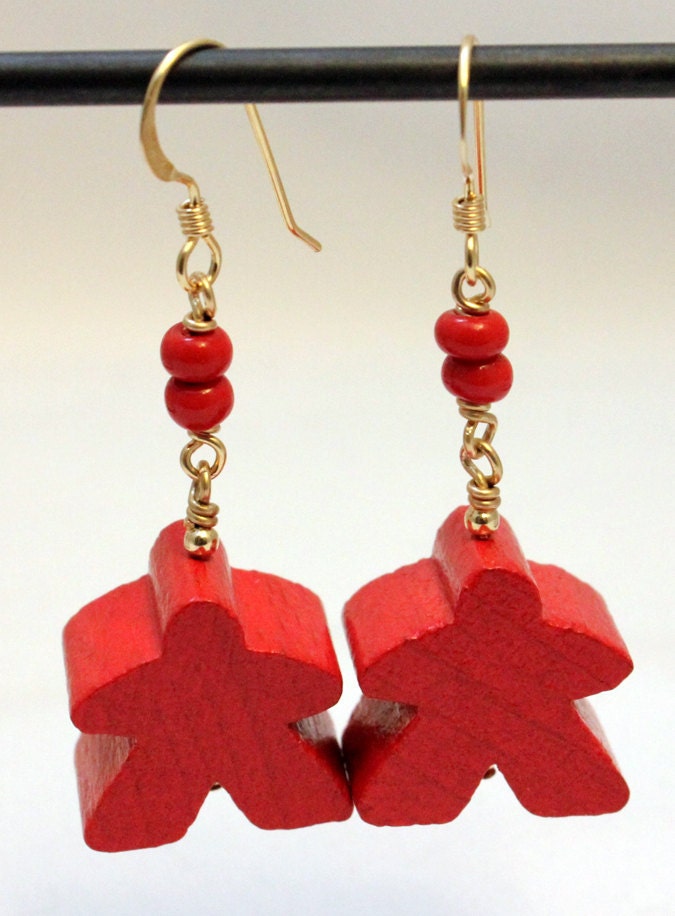 Meeple Earrings Red and Gold