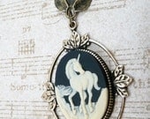 Victorian Fantasy Black Ivory UNICORN Pendant - Vivre Un Rêve - Cameo Dreamy Fairytale Nouveau Leaf Drop Necklace