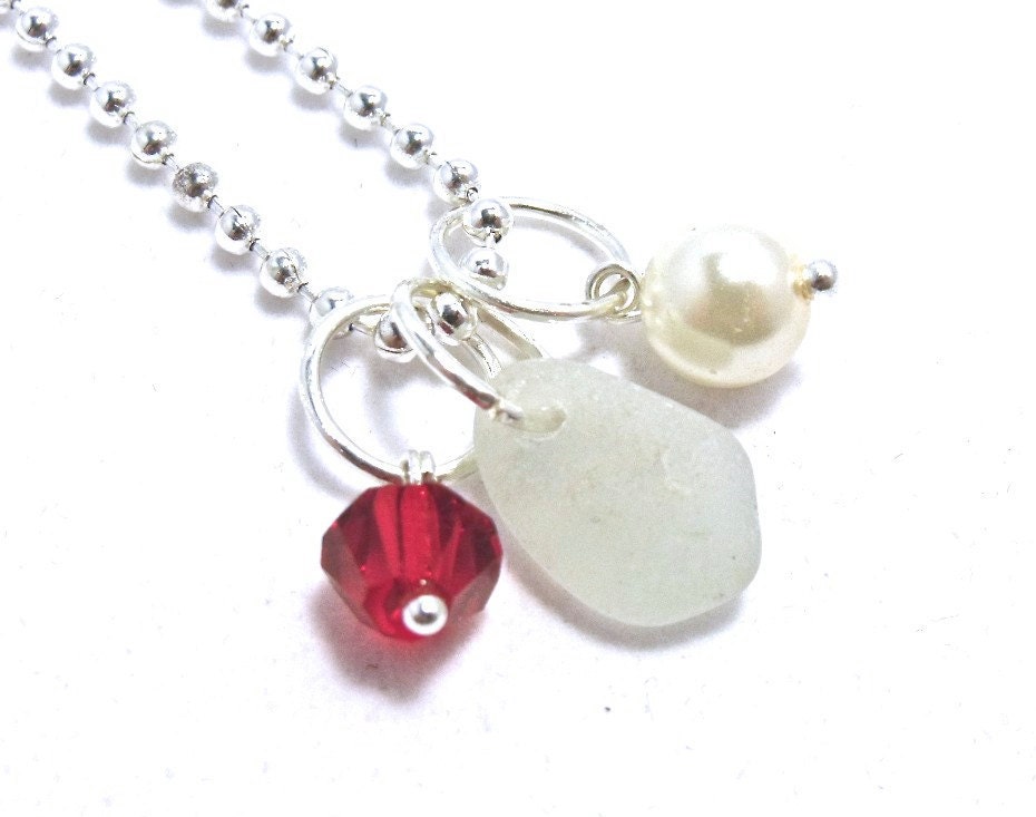 Sea Glass Necklace with Swarovski Pearl and Swarovski Crystal