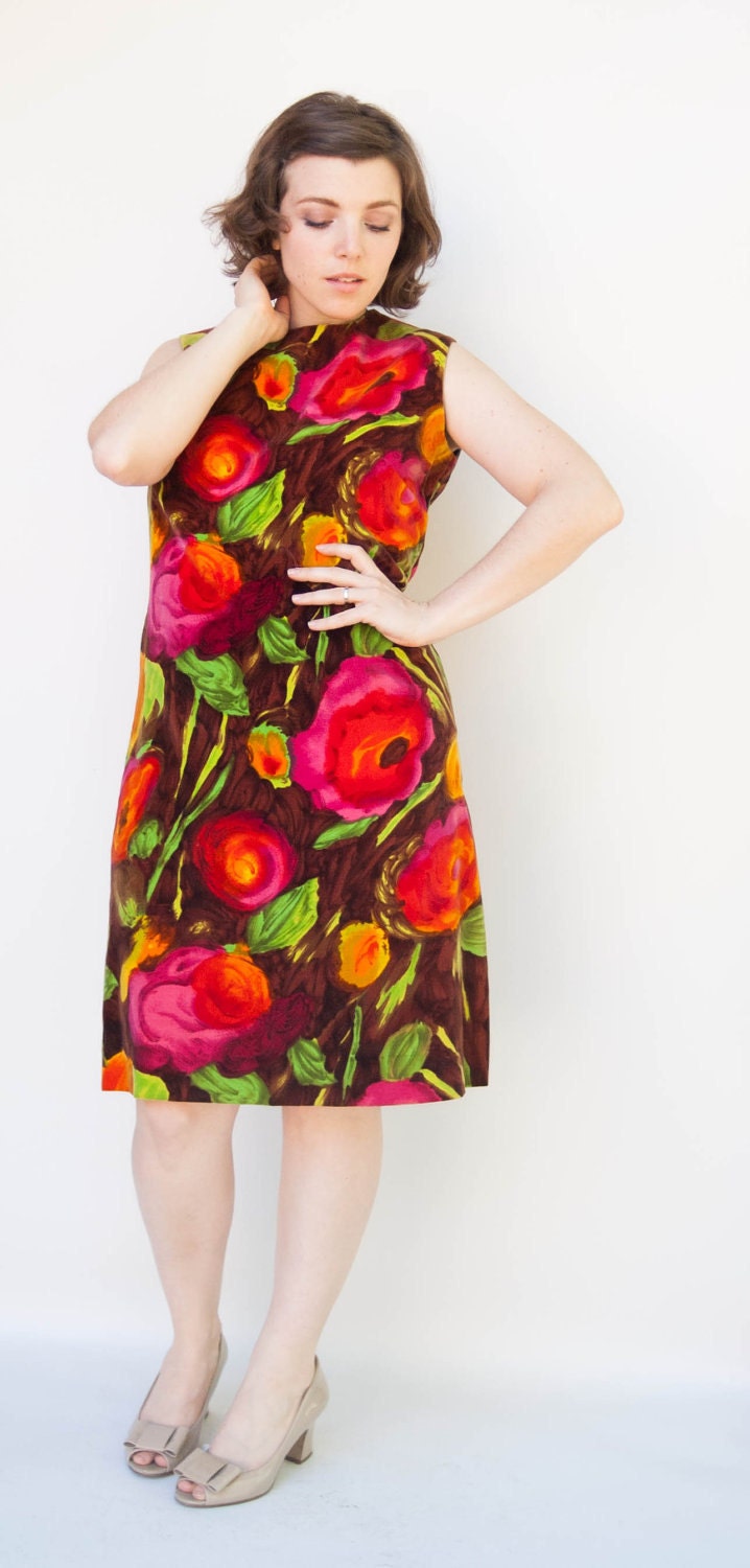Vintage 1960s Dress - Impressionist Dream - Incredible Velveteen Floral Painted Watercolor Shift Dress