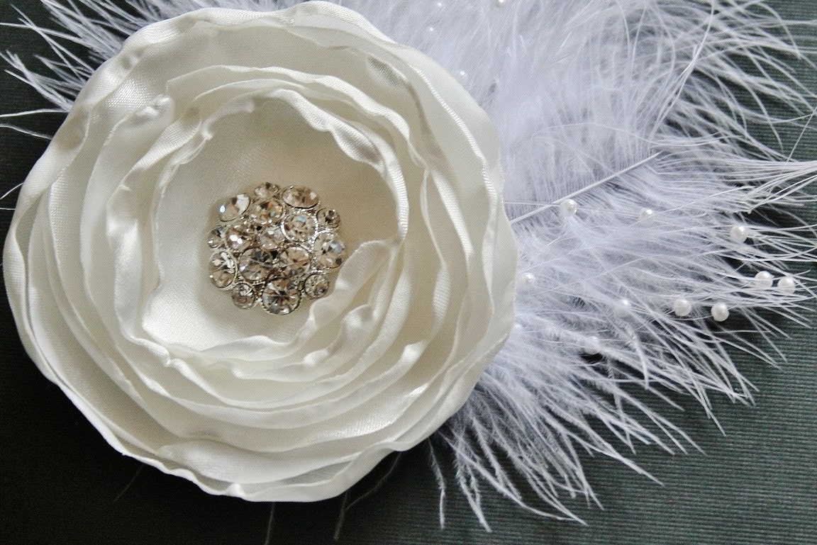 White Satin Rose and Feather Fascinator - Hairclip, Comb, Barrette or Brooch