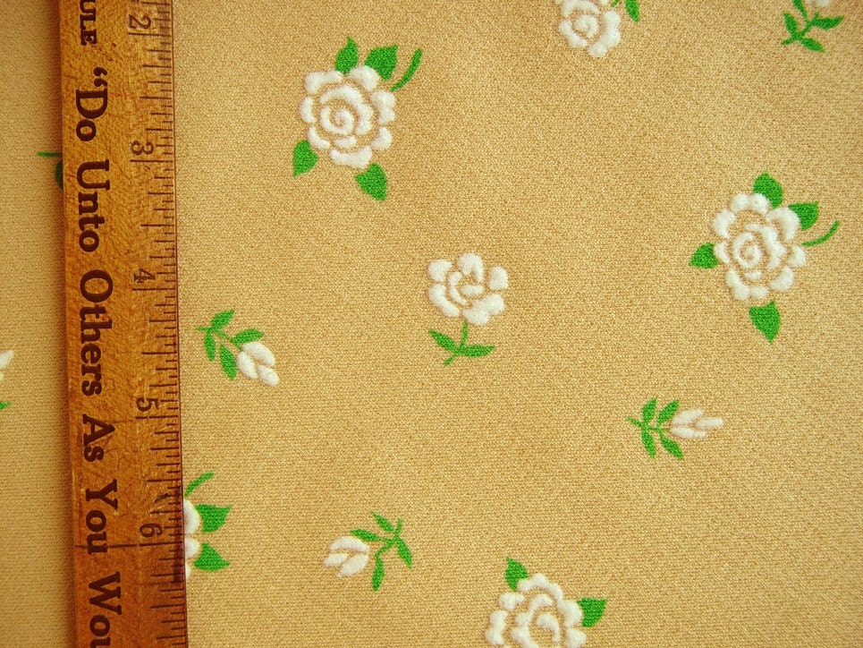 Vintage Flocked Polyester Fabric Maize and White Roses Flocked Fabric Printed Polyester Double Knit Fabric Yardage