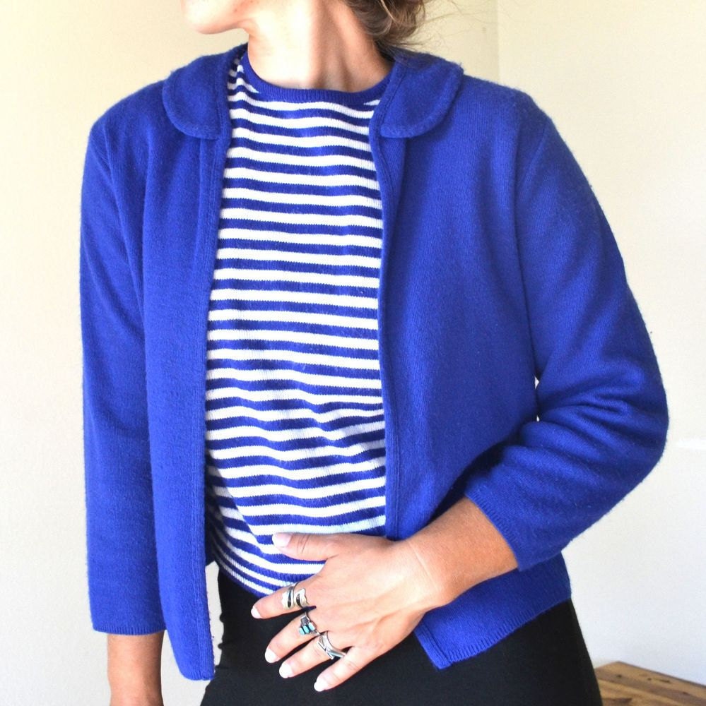 1960s Two Piece Wool Sweater Set Peter Pan Collar Cobalt Blue Small