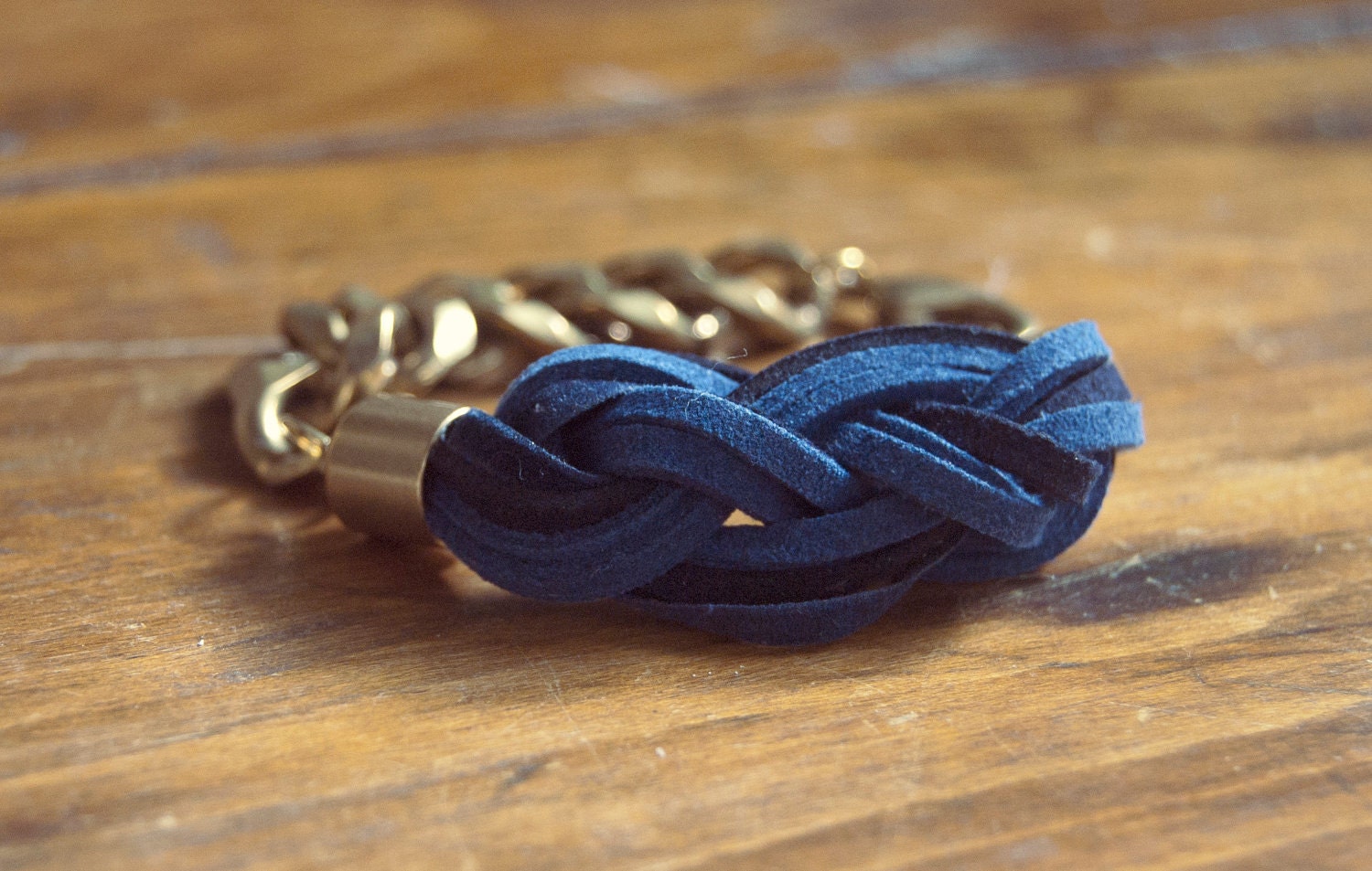 Sailor's Knot Bracelet - Navy and cobalt-colored suede and raw brass chain