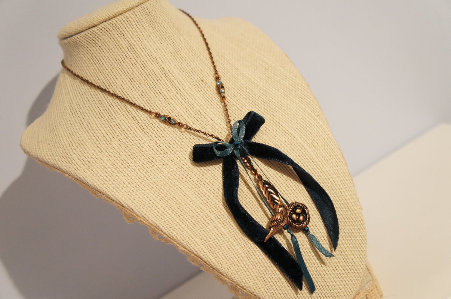 Copper Charm Necklace - Velvet Teal Bow - Birds Nest  Necklace - Feather Necklace - Sapphire Necklace - Steampunk Jewelry - Victorian