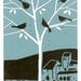 Lino Block Print -Robins Egg Blue,  Night Tree, Crescent Moon and Black Birds,  Farm Fields, Limited Edition