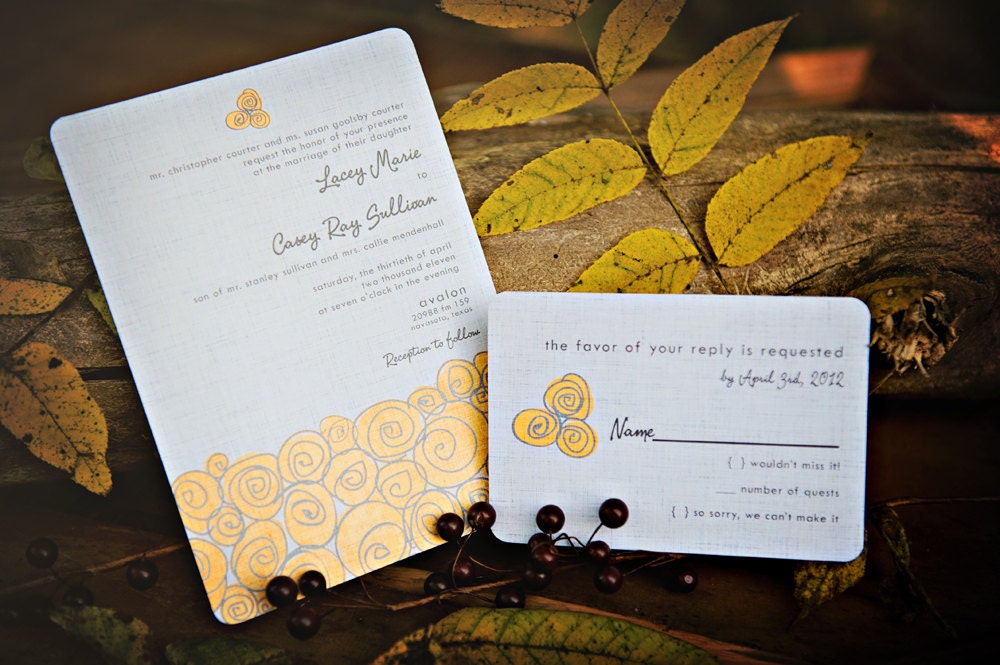 Modern Wedding Invitations - Yellow Swirl Roses on Grey Linen - SAMPLE - 09260920-I