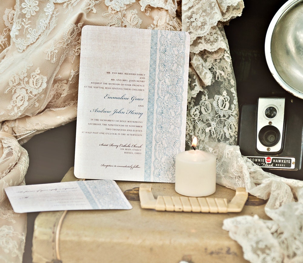 Wedding Invitations - Vintage Chic Blue Lace and Linen - SAMPLE - 09260906-I