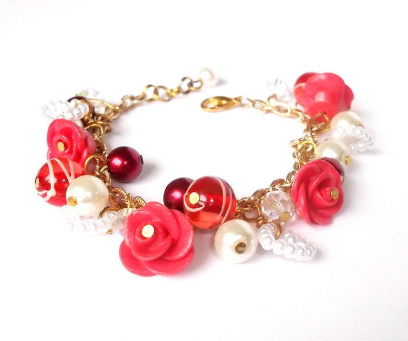 Valentine Bracelet Gold with Red Roses Polymer Clay, Romantic Jewelry
