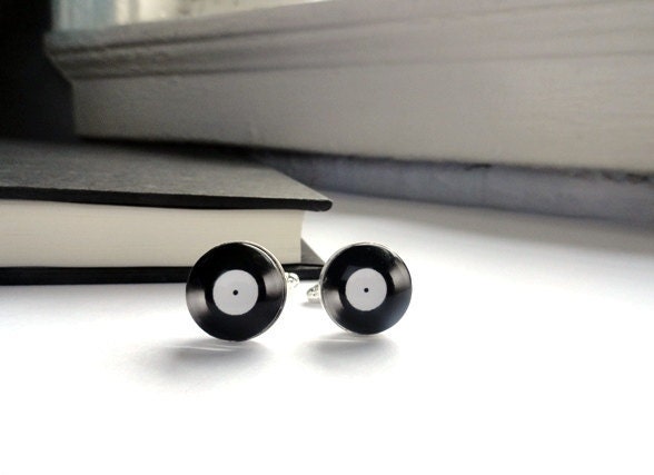 Vinyl record cuff links - retro cufflinks for men groomsmen for him wedding anniversary black white accessories gift bouton de manchette