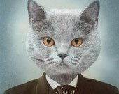 8x10 Cat Art, Mr. Gray, Mixed Media Collage Print, Ice Blue and Brown Altered VIntage Photograph, frighten