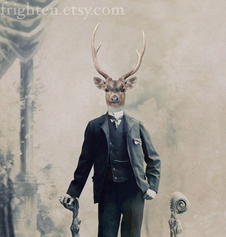 Deer Art, Mixed Media Collage Print, Deer Boy, Altered Victorian Portrait, For Him, frighten