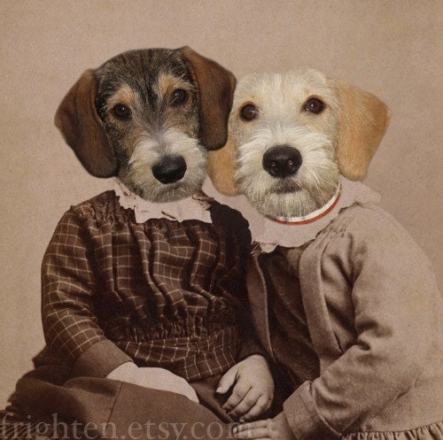 Dog Art Print, Mixed Media Collage Print, Trixie and Lola, 5x7 Altered Vintage Portrait of Sisters, frighten