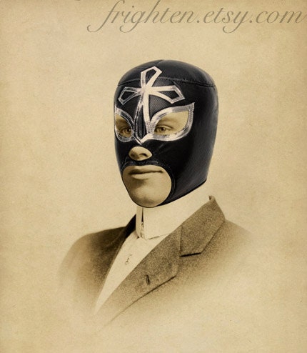 Lucha Libre Art, Mixed Media Collage Print, Portrait of a Luchador, Altered Vintage Photo, frighten