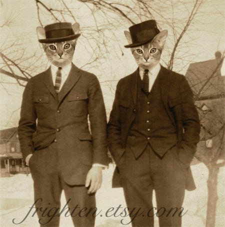 Cat Art, Mixed Media Collage Print, Hep Cats, Sepia Toned Man Men Altered Vintage Photo, frighten