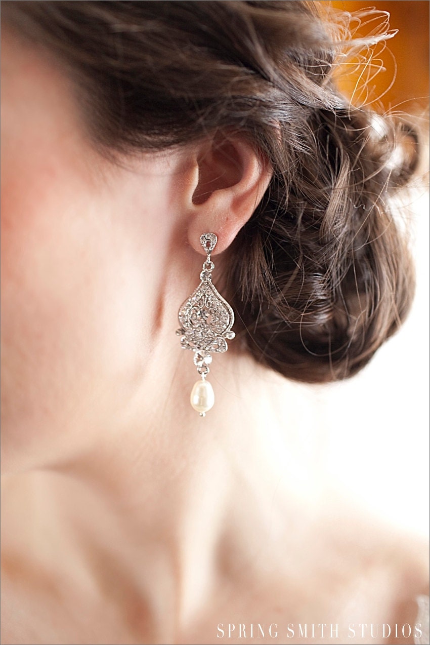 Crystal Bridal Pearl Earrings Long Dangle Swarovski Crystal wedding earrings, Rhinestone, Bridesmaids, Alexandra Chandelier Earrings