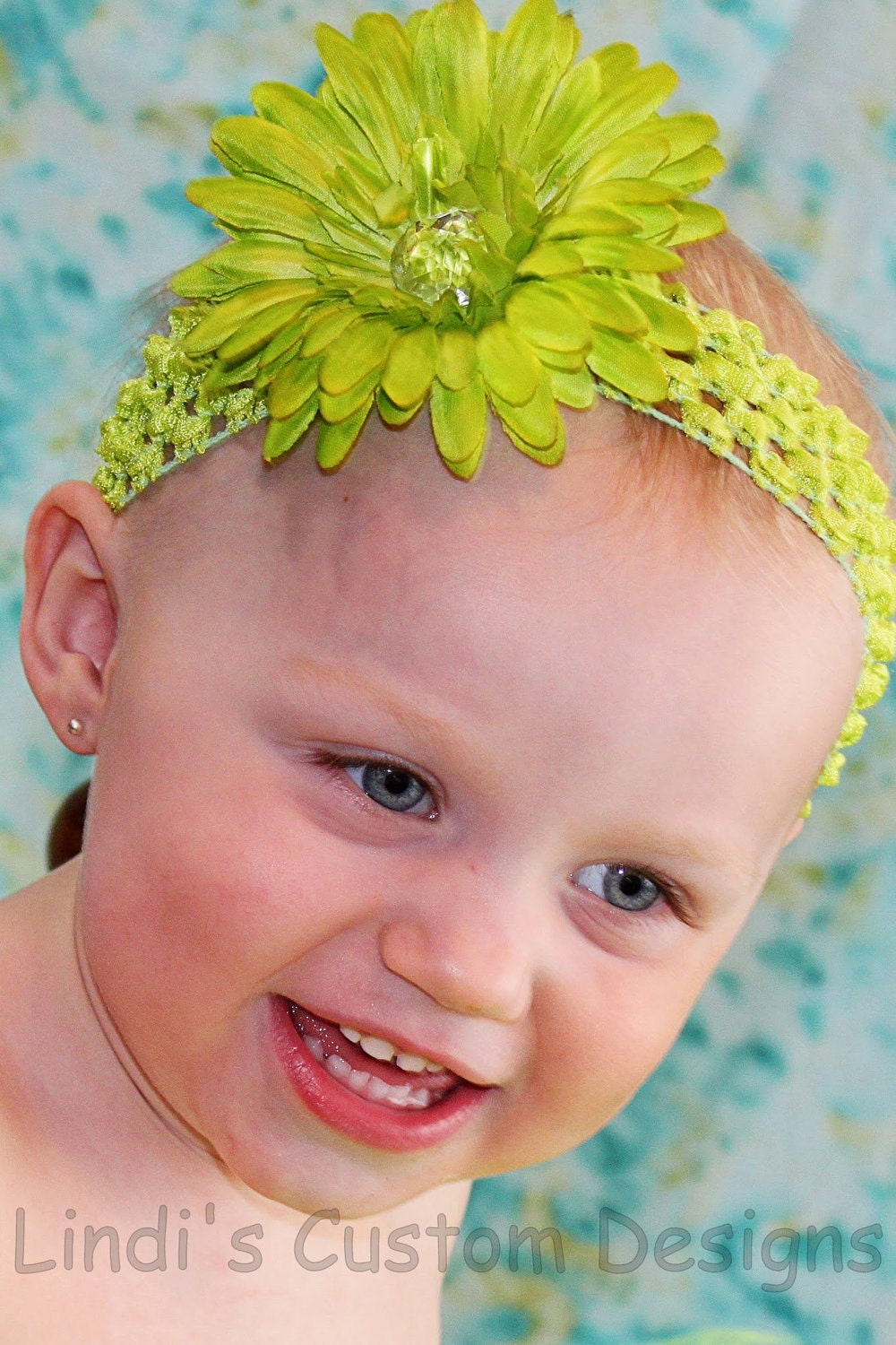 Apple Lime Green Stretch Crochet Headband with Matching Rhinestone Daisy Floral Clip Hair Accessory