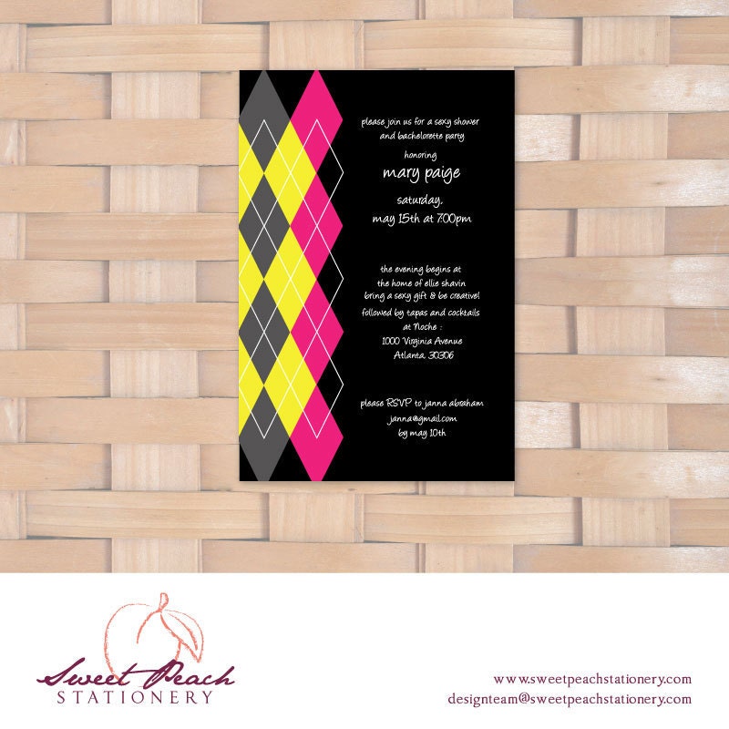 Argyle Bachelorette Invitations, Pink, Yellow and Black