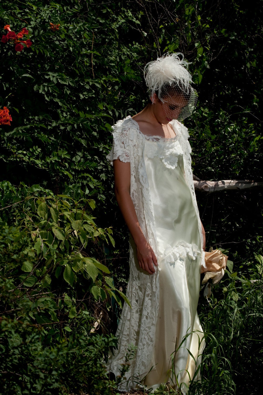 1930s wedding Vintage Lace Wedding dress coat with satin  backless gown vintage inspired original design