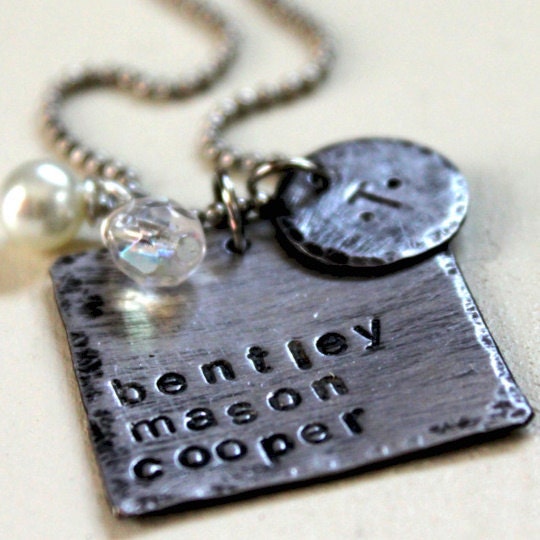 Hand Stamped Jewelry-   Personalized Jewelry - Rustic Square Family Necklace- SALE