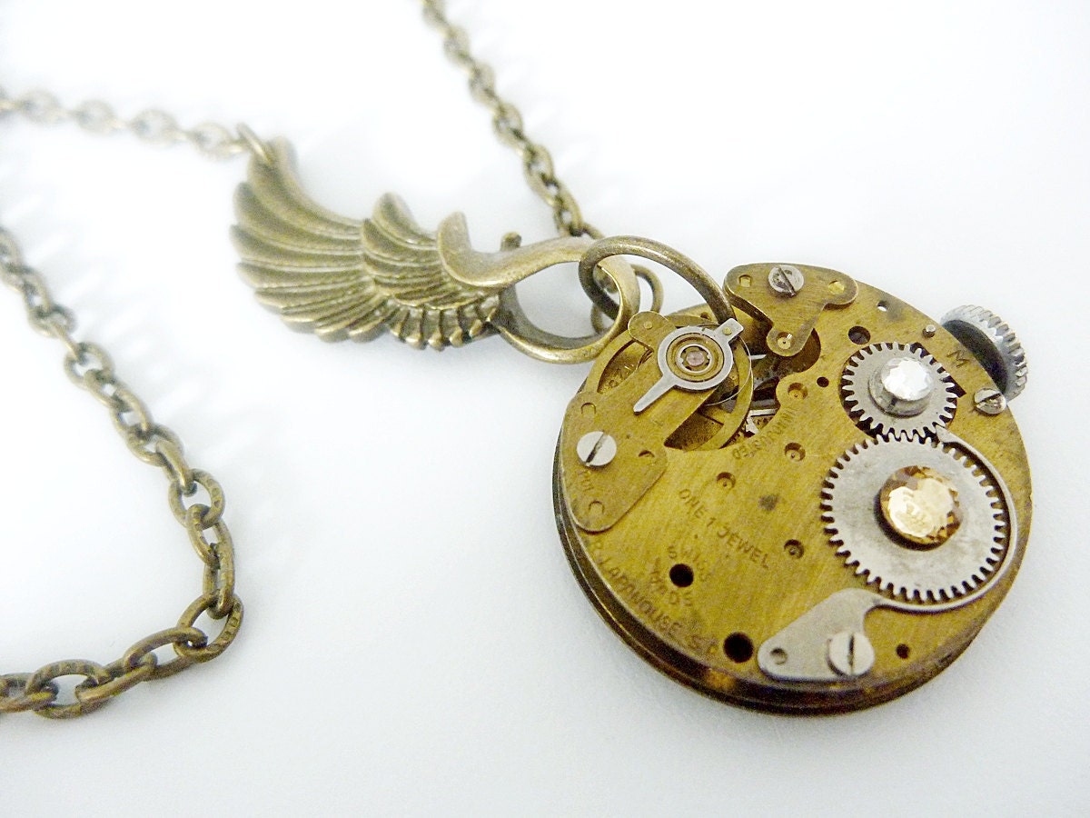 Steampunk Necklace, vintage watch movement with angel wing and swarovski - Timeless Relic