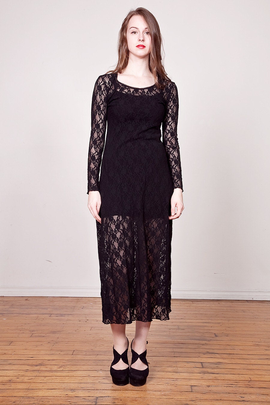 Vintage 90s Black Lace Maxi Dress / Long Sleeve Sheer Dress M