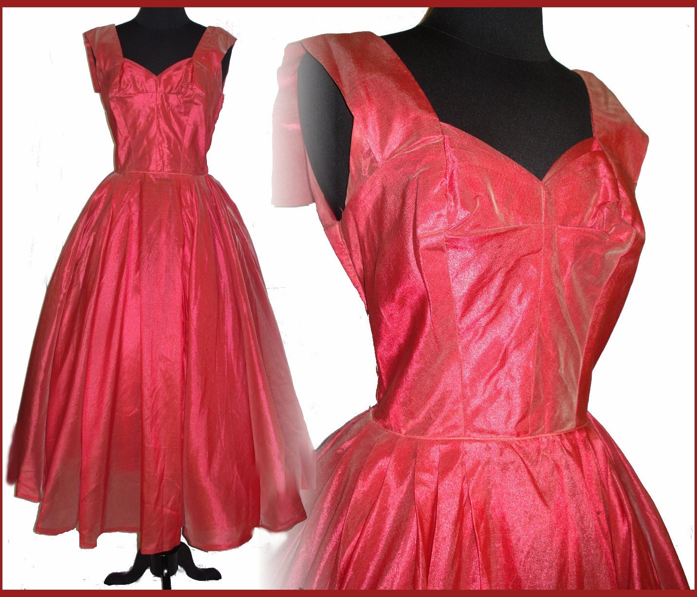 Vintage 1950s Gown Dress Full Circle Matching Petticoat Red Femme Fatal Garden Party Mad Men Dress Gown Cocktail Prom Pinup Bombshell