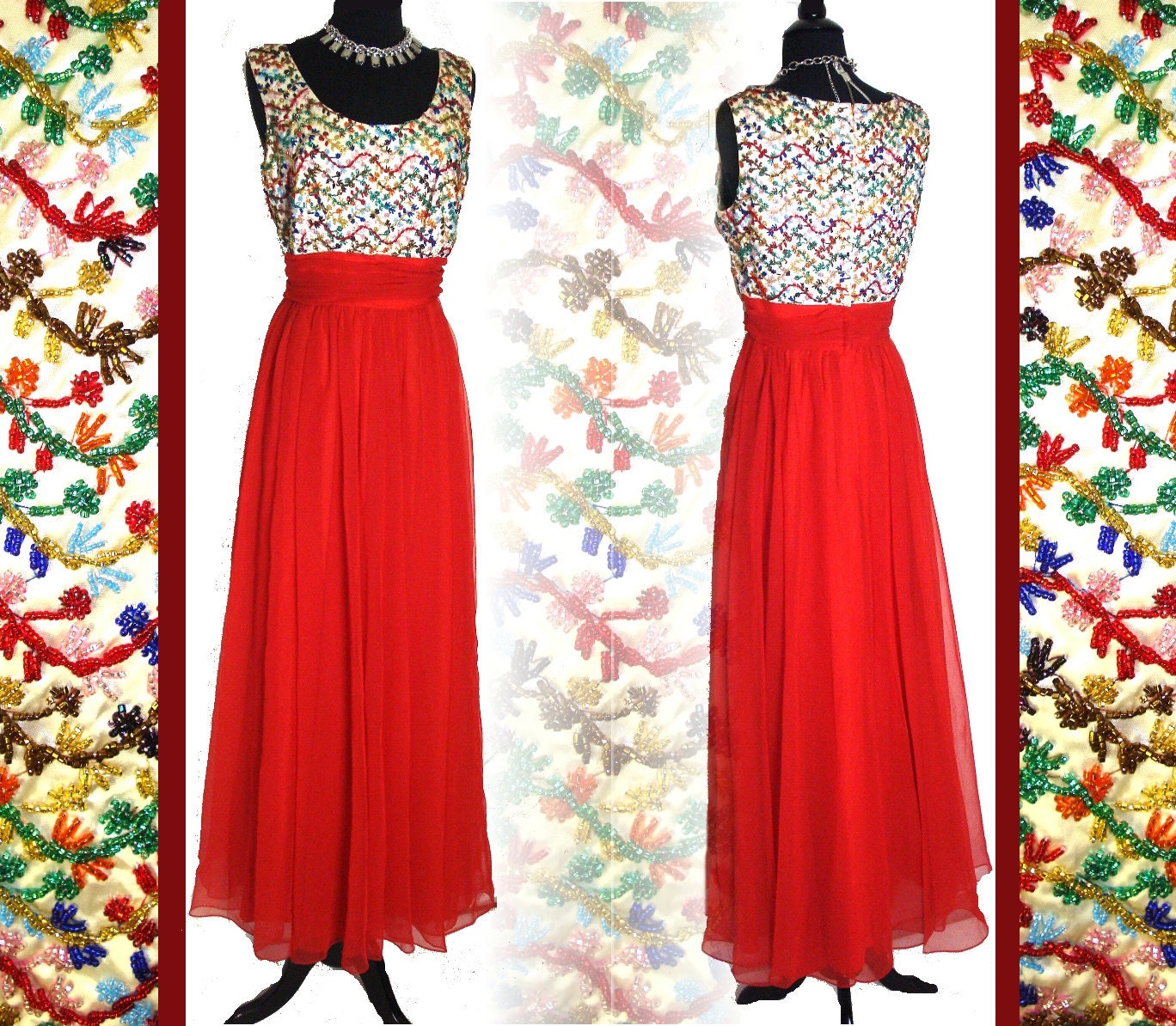 Vintage 1950s Gown Red Beaded Chiffon Designer Evening Formal Cocktail Garden Party Hollywood Mad Man Rockabilly Pinup