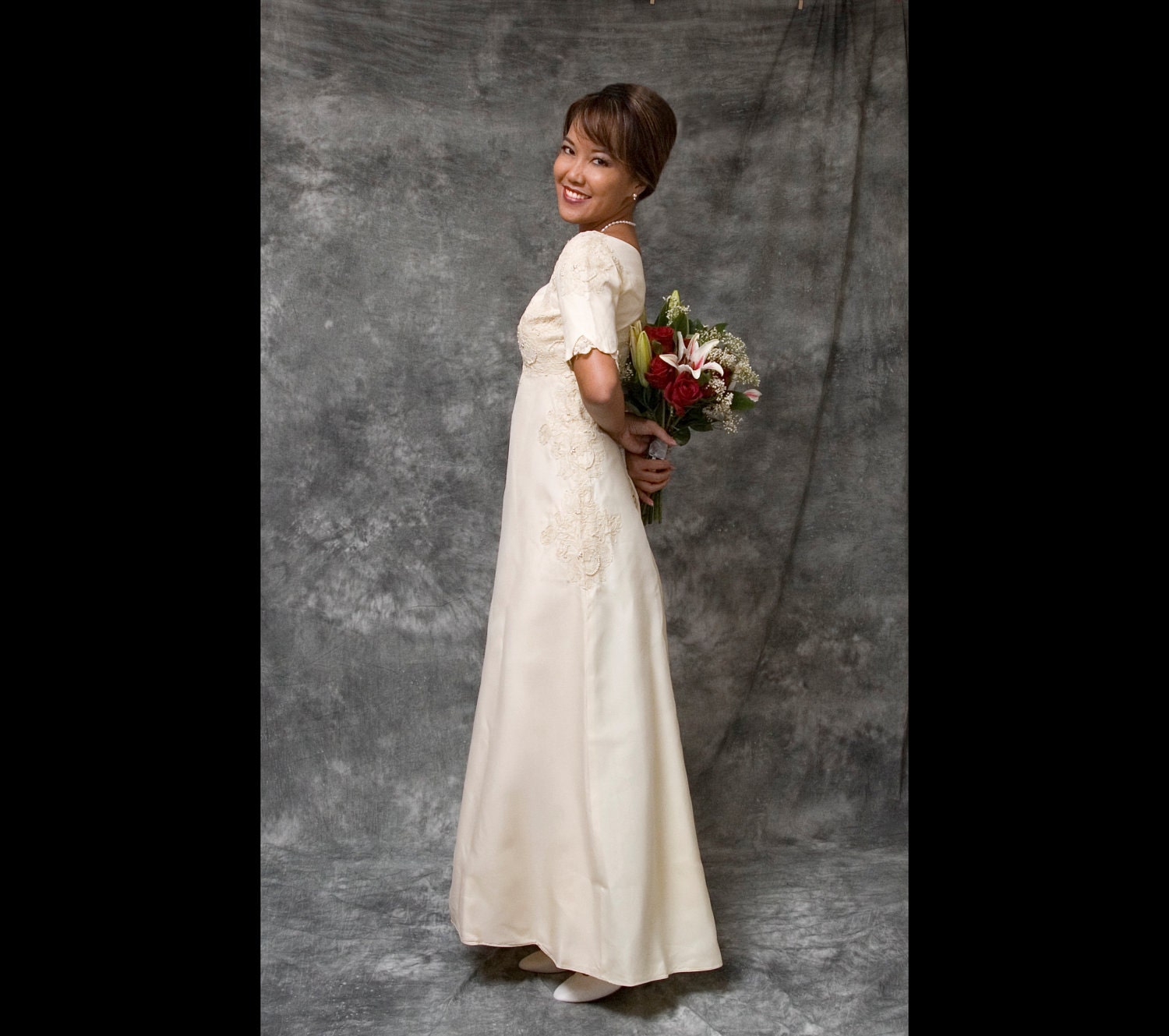 Heavy beaded silk wedding gown, 60s/70s, S